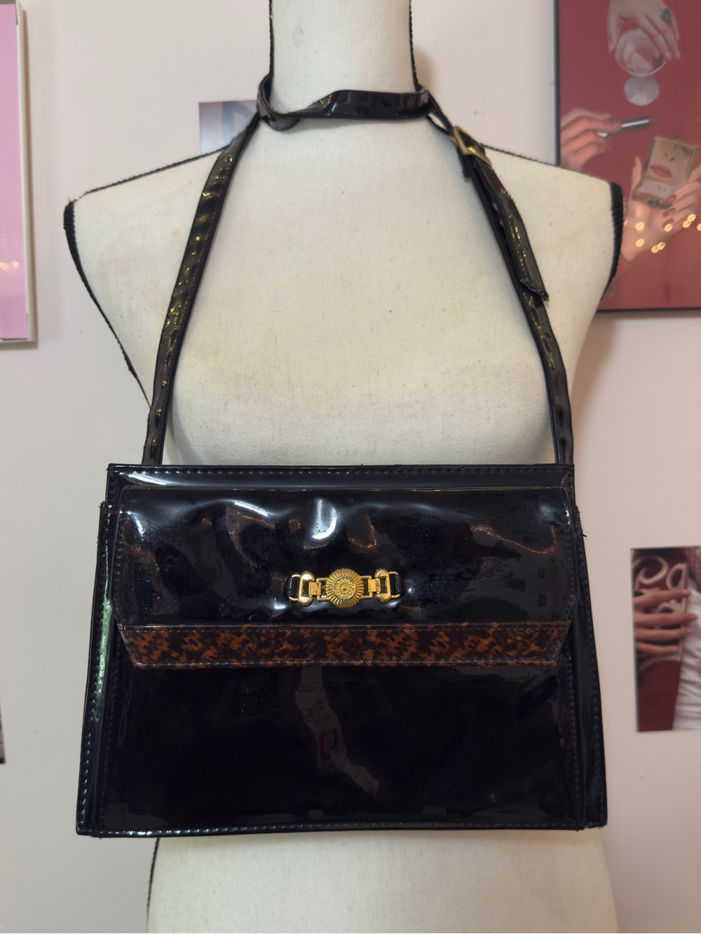 Patent Black Shoulder Bag with Gold Accent